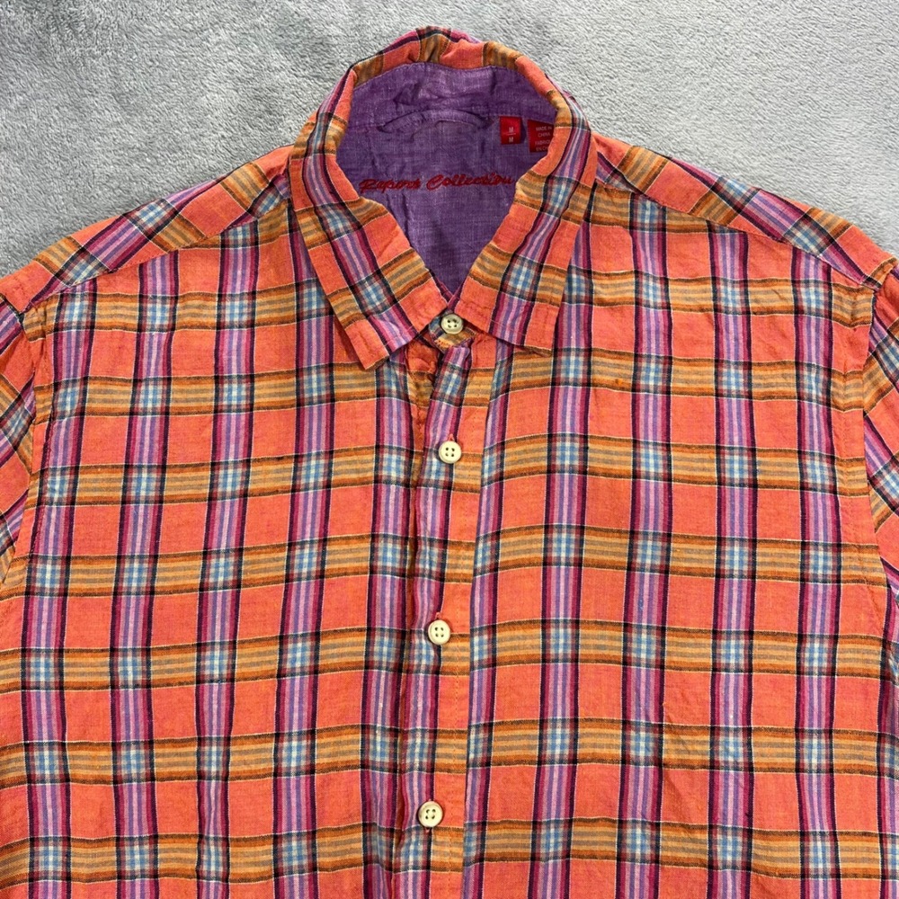 Report Collection Shirt Mens Medium Orange Plaid 100% Linen Short Sleeve Good‎